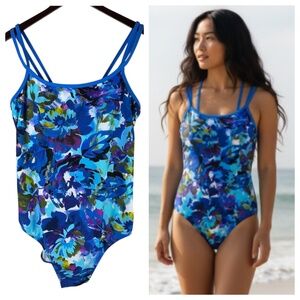 Catalina One Piece Swimsuit Sz 2X 18 20 XXL Floral Blue Slimming Resort Cruise